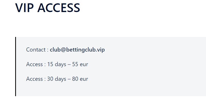 Price and payment at Bettingclub.vip